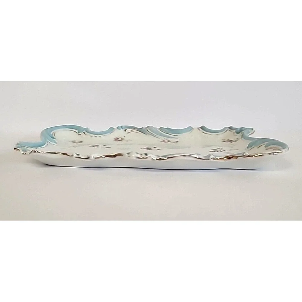 Vintage German Porcelain Tray Design of Small Purple Flowers w/ Blue & Gold Trim